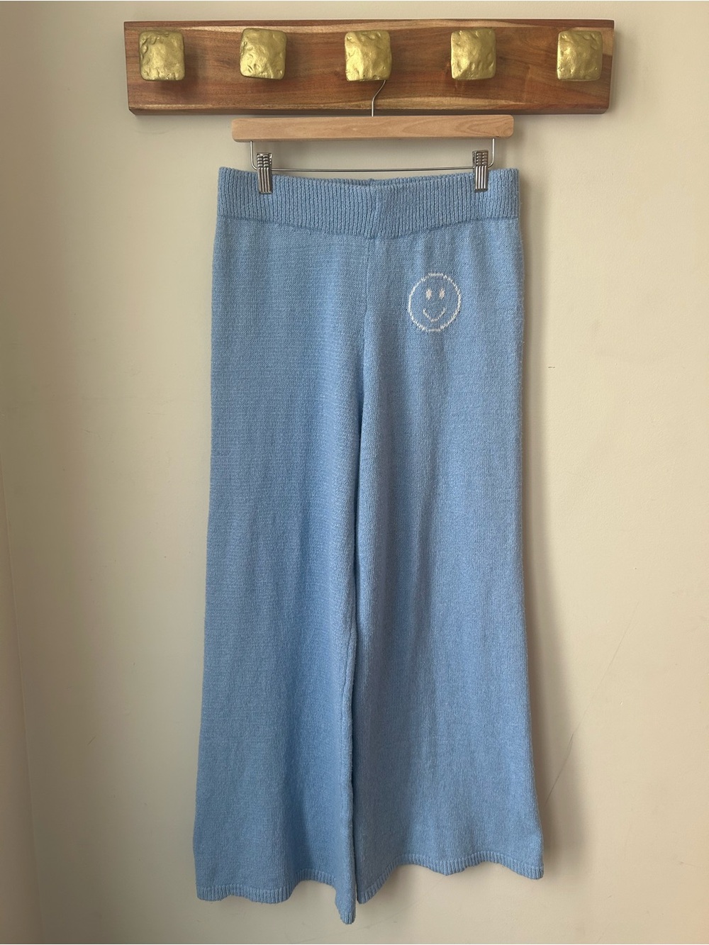 Sincerely Jules Light Blue Knit Wide-Leg Lounge Pants with Smiley Face XL